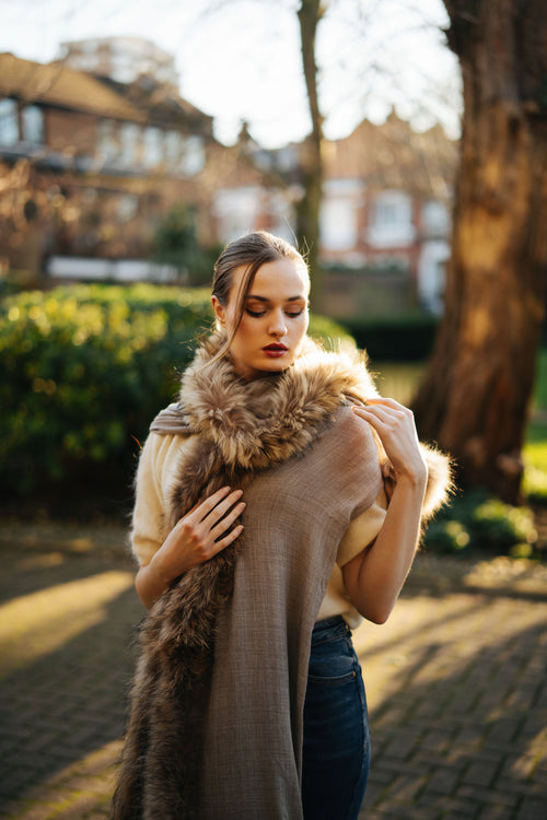 Faux Fur Trimmed Cashmere Scarf in Beige
