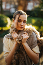 Faux Fur Trimmed Cashmere Scarf in Beige