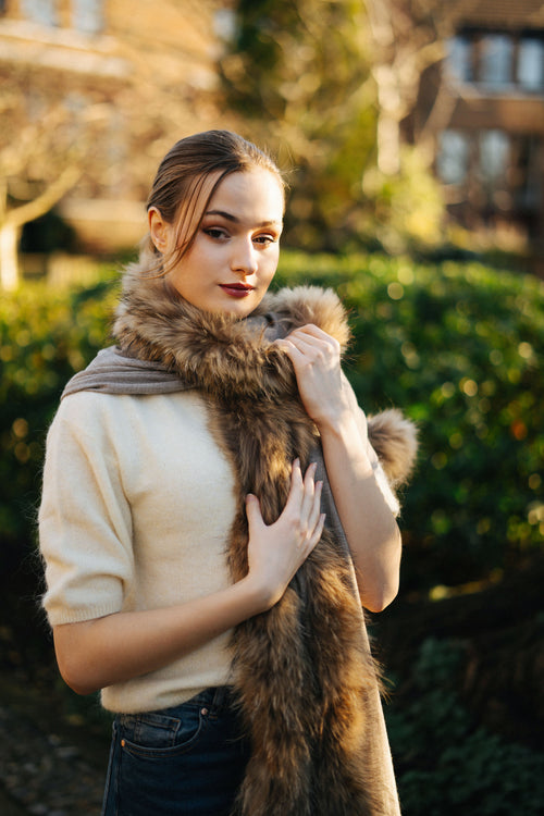 Faux Fur Trimmed Cashmere Scarf in Beige