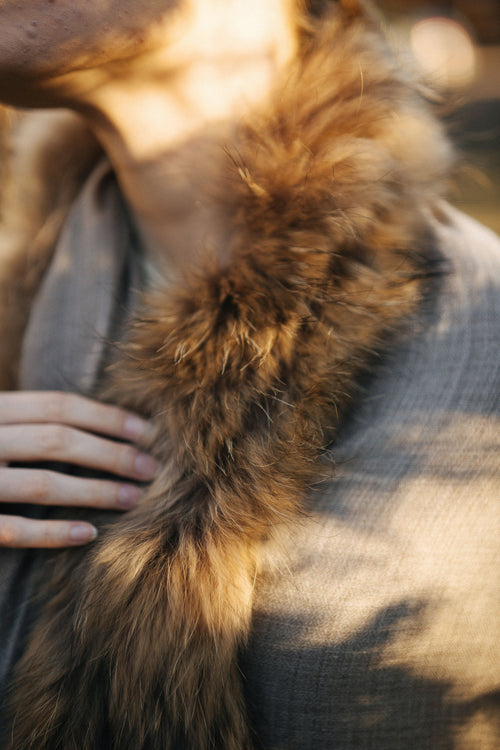 Faux Fur Trimmed Cashmere Scarf in Beige