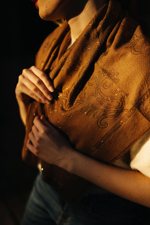 Embellished Cashmere Scarf in Mustard with Crystals in Pattern