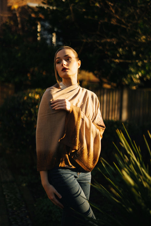 Embellished Cashmere Scarf in Beige and Brown