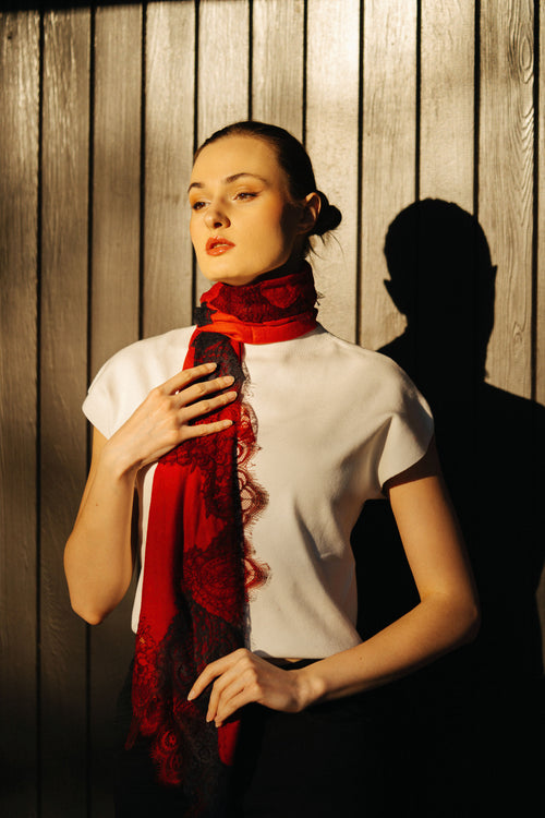Lace and Tie-Dye Scarf in Red