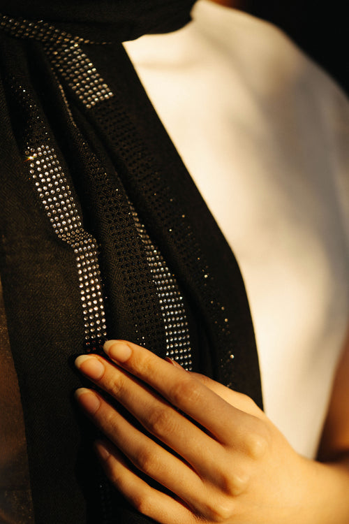 Embellished Cashmere Scarf in Black with crystal stripes