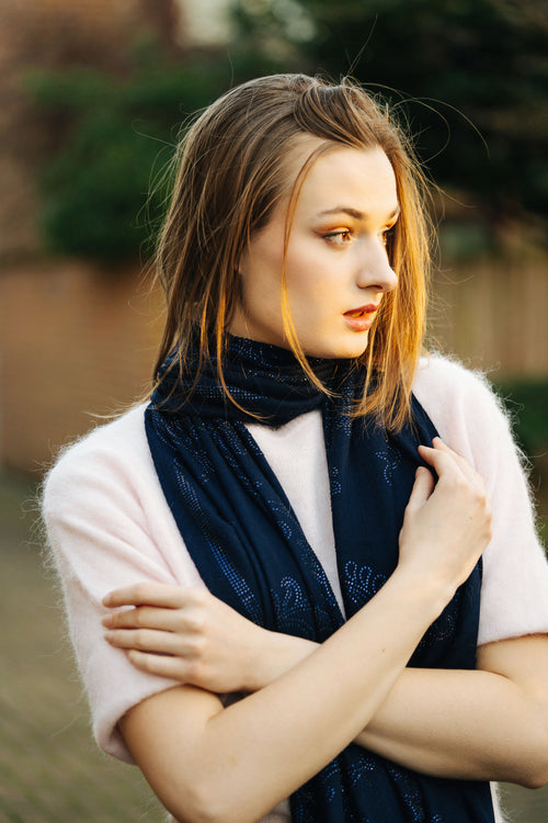 Embellished Cashmere Scarf in Navy