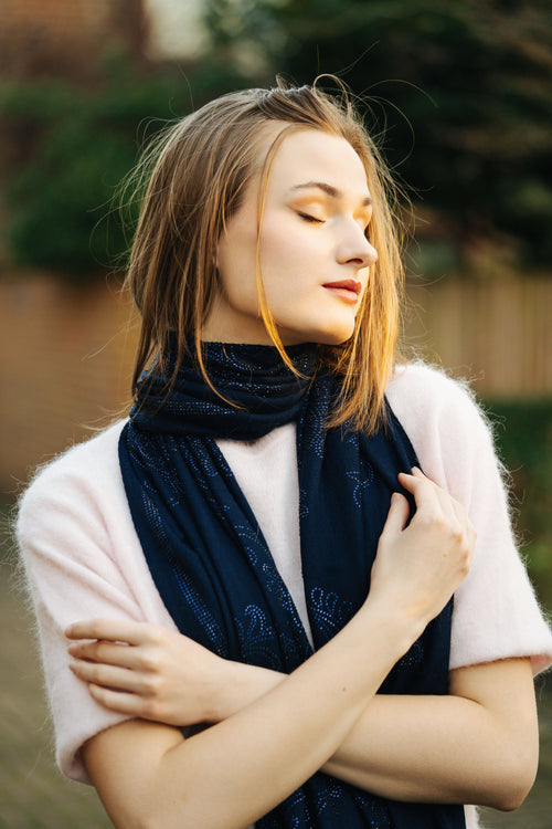 Embellished Cashmere Scarf in Navy