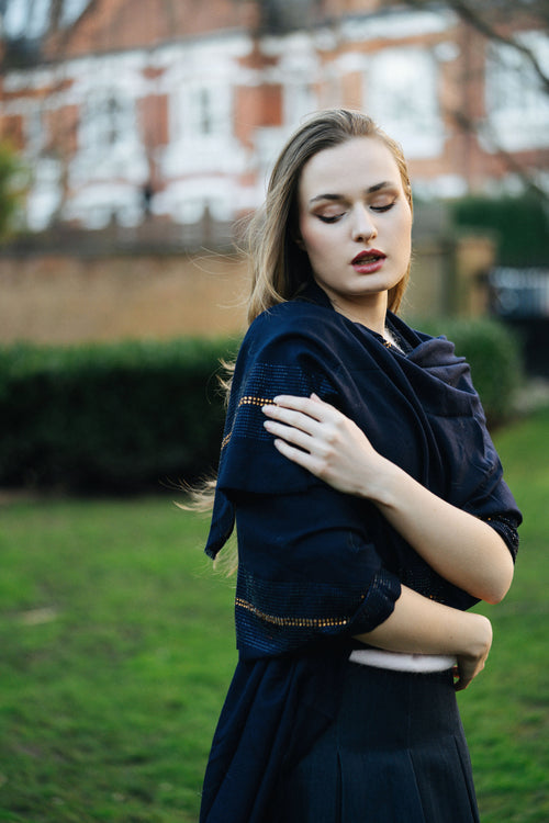 Embellished Cashmere Scarf in Navy with Crystal Trim