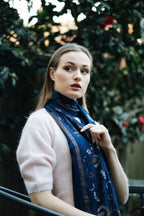 Embellished Cashmere Scarf in Dark BLUE with Floral Pattern Crystals