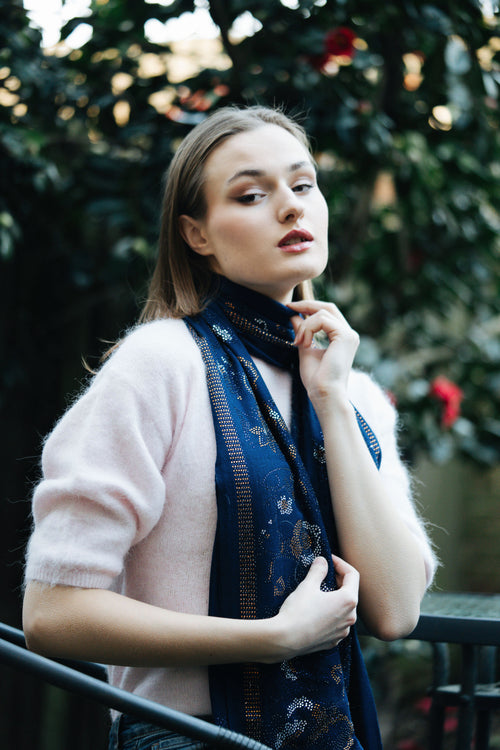 Embellished Cashmere Scarf in Dark BLUE with Floral Pattern Crystals