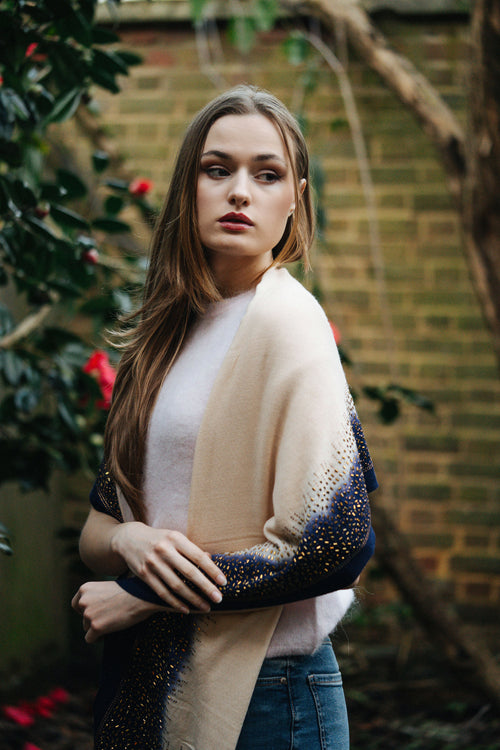 Embellished Cashmere Scarf in Beige and Navy
