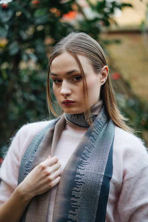 Embellished Cashmere Scarf in Beige-blue Crystals border
