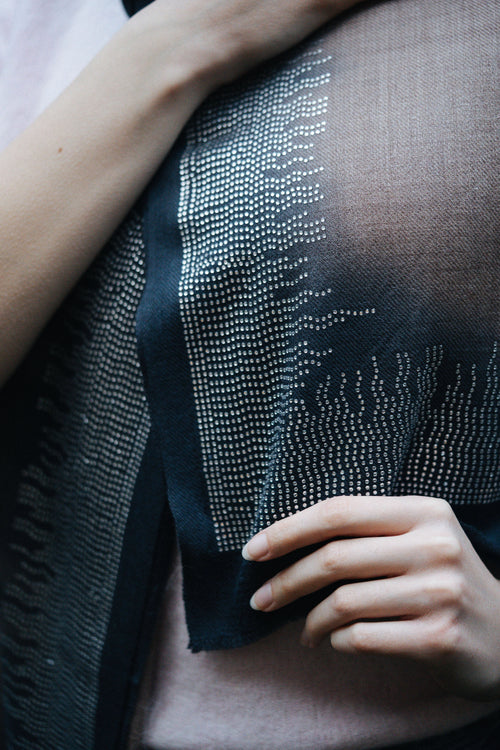 Embellished Cashmere Scarf in Beige-blue Crystals border