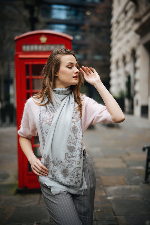 Embellished Cashmere Scarf in Dark Grey with Floral Pattern Crystals