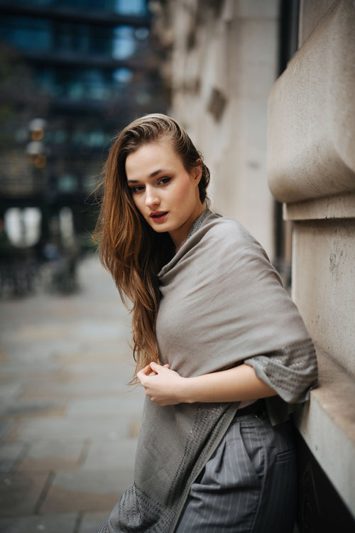Embellished Cashmere Scarf in Grey with Crystal Trim