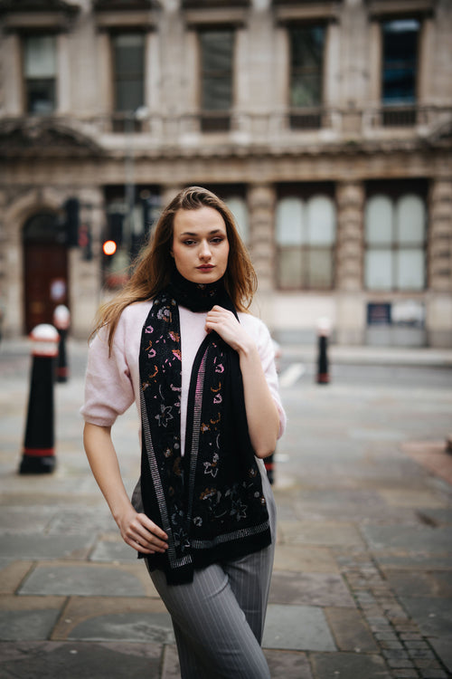 Embellished Cashmere Scarf in Black with Floral Pattern Crystals