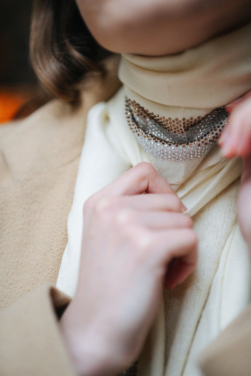Embellished Cashmere Scarf in White with Gold Crystals Trim