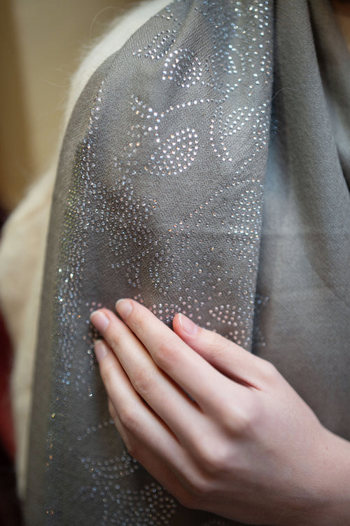 Embellished Cashmere Scarf in Silver with Crystal flower border