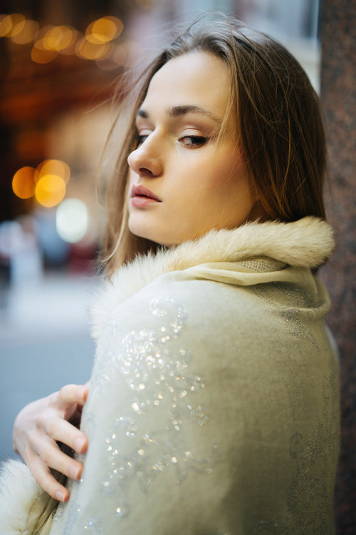 Faux Fur Trimmed Cashmere Scarf in Cream with Crystal Embellishments