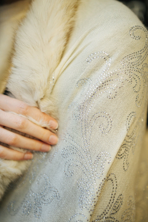 Faux Fur Trimmed Cashmere Scarf in Cream with Crystal Embellishments