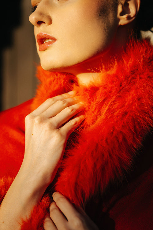 Faux Fur Trimmed Cashmere Scarf in Red