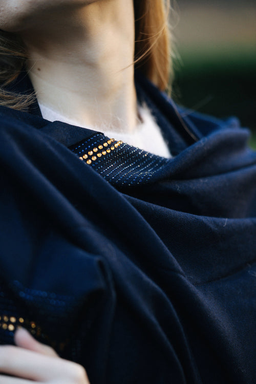 Embellished Cashmere Scarf in Navy with Crystal Trim
