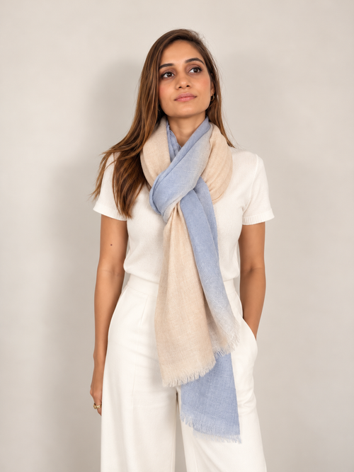 Unisex Woven Ombré Cashmere Scarf Powder Blue - Beige