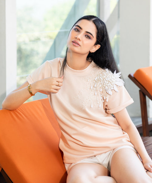 Pearl Bloom Embellished T-Shirt - Beige