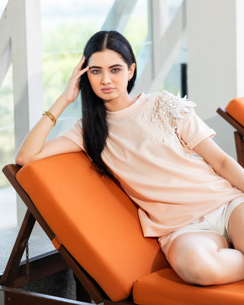 Pearl Bloom Embellished T-Shirt - Beige