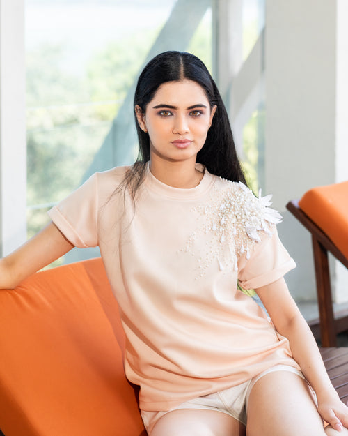 Pearl Bloom Embellished T-Shirt - Beige