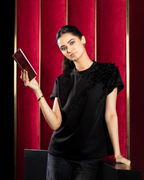 Pearl Bloom Embellished T-Shirt - Black