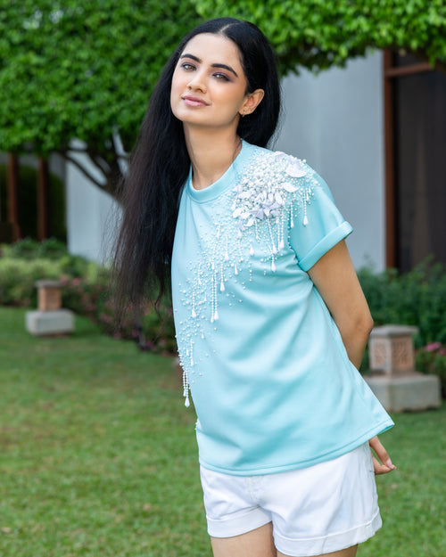 Pearl Bloom Embellished T-Shirt - Turquoise