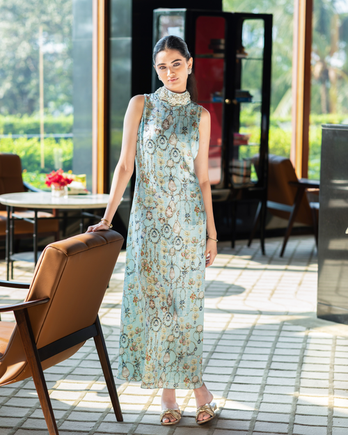 Jewelled Garden Column Dress - Turquoise