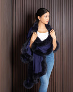 Faux Fur Trimmed Cashmere Scarf in Navy