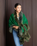 Faux Fur Trimmed Cashmere Scarf in Green