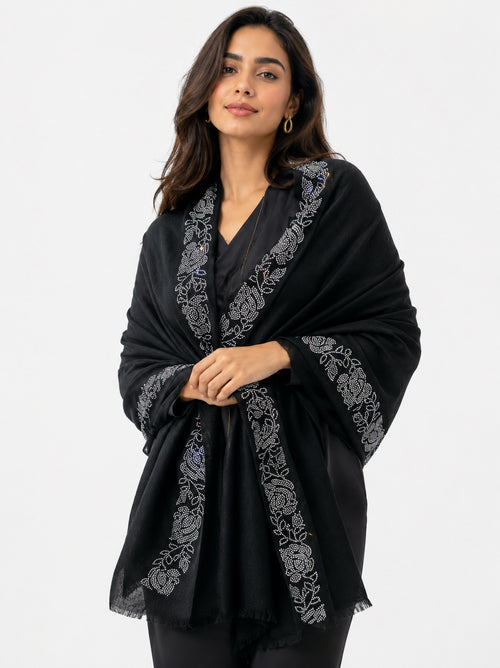 Embellished Cashmere Scarf in Black with Silver Border