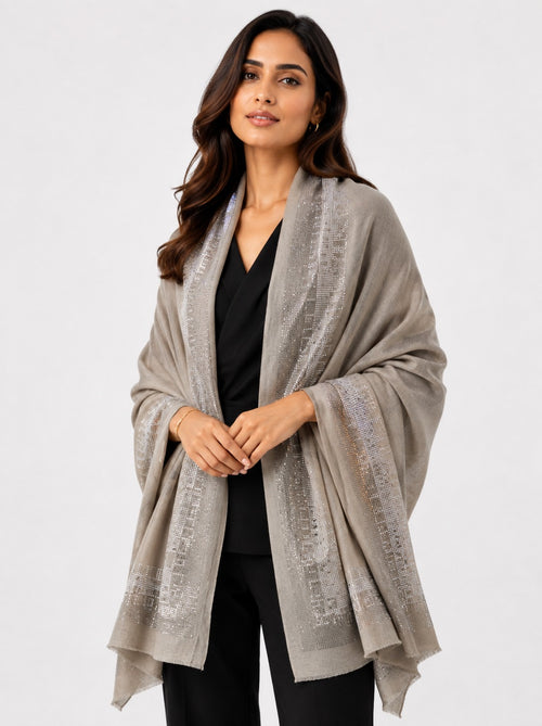 Embellished Cashmere Scarf in Grey with Gold & Silver Crystals Trim