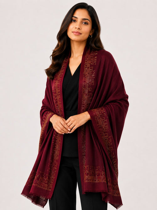 Embellished Cashmere Burgundy golden Crystals Trim