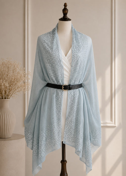 Embellished Cashmere Powder Blue White Beads Trim