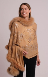 Faux Fur Trimmed Cashmere Scarf in Mustard with Crystal Embellishments