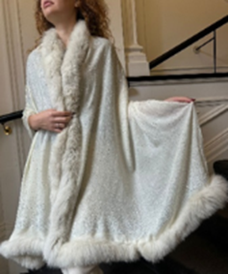 Faux Fur Trimmed Cashmere Scarf in White with Crystal Embellishments