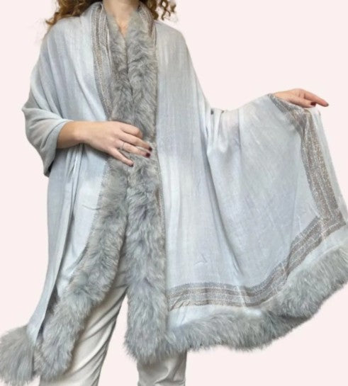 Faux Fur Trimmed Cashmere Scarf in Light Grey with Crystal Embellishments