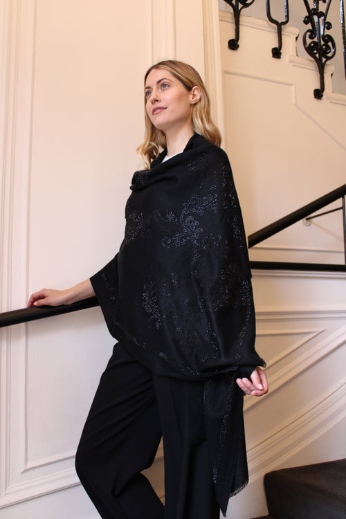 Black Cashmere Scarf with Floral Embellishments