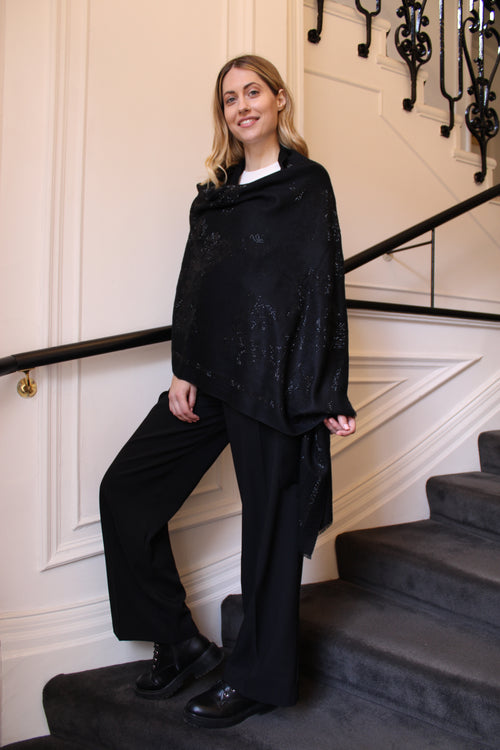 Black Cashmere Scarf with Floral Embellishments