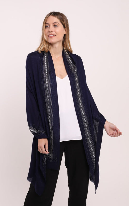 Embellished Cashmere Scarf in Navy with Crystal Trim