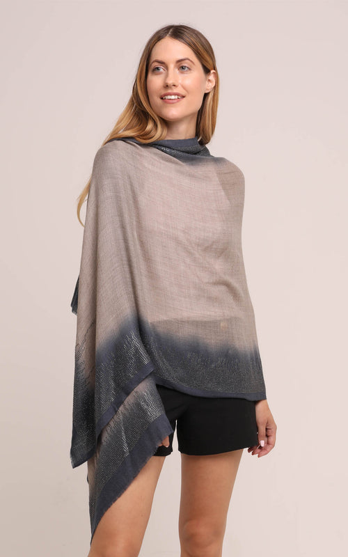 Embellished Cashmere Scarf in Grey with Dark Blue Trim