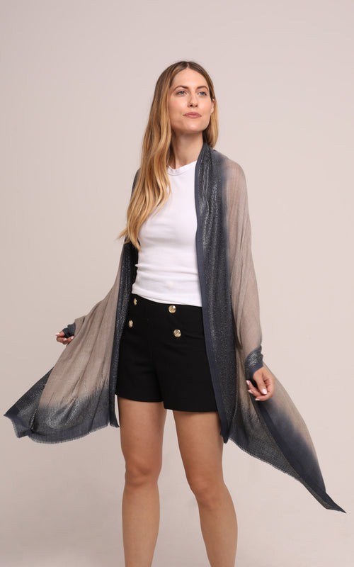 Embellished Cashmere Scarf in Grey with Dark Blue Trim