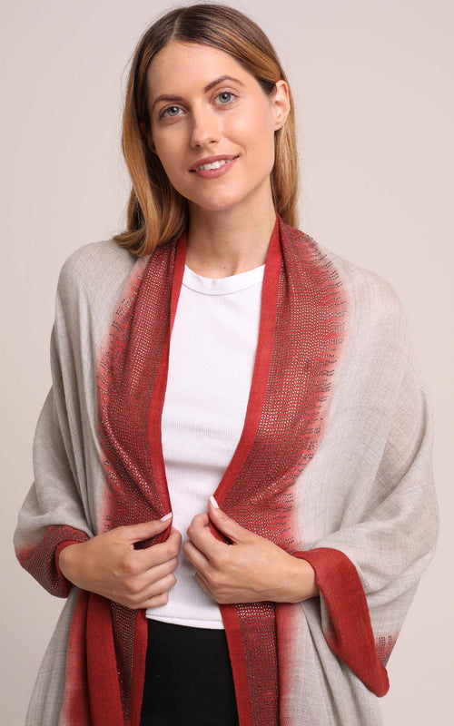 Embellished Cashmere Scarf in Ivory with Red Trim