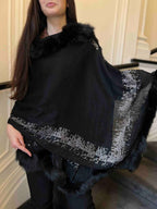 Faux Fur Trimmed Cashmere Scarf in Black with Crystal Embellishments