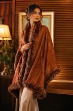 Faux Fur Trimmed Cashmere Scarf in Rust with Golden Crystal Embellishments