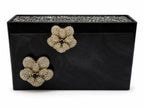 Polished Black box Clutch with Swarovski Crystal and two 3D flower deco in front